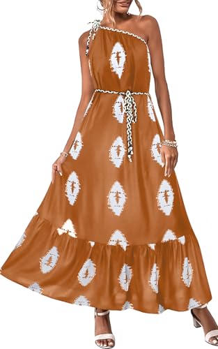 ECOWISH Womens Summer One Shoulder Maxi Dress Casual Polka Dot Midi Dresses Sleeveless Long Pockets Sundress Beach Vacation Orange Medium