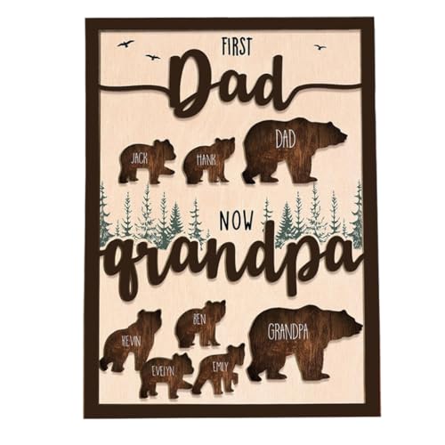 Personalized Bear Family Sign First Dad Now Grandpa Wood Sign with Kids' and Grandkids' Names Custom...