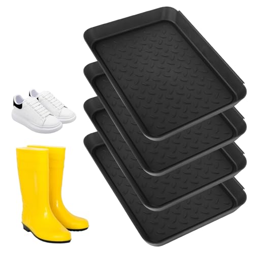 DELAESI 4 Set Schuhabtropfschale Schuhwanne 35 x 27.5 x 3 cm Schuhmatte Abtropfmatte mit Erhöhtem Rand Schuhablage Plastik Schuhtablett für Schuhe Regen Herbst Winter
