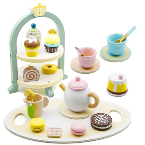Wooden Tea Party Set for Toddlers 2 3 4 5 6, 24PCS Pretend Play Dessert Set with Cupcake Tower, Teapot, Cups, and Sweets, Montessori Toys Tea Set for Girls Birthday Gift, Kids Tea Party Set