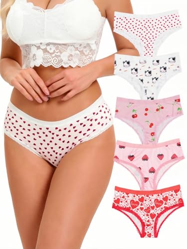 Morvia 5pcs Women's Heart Cat Cherry Strawberry Allover Print Contrast Lace Trim Briefs Panties Set...