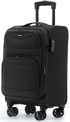 Münicase Stoffkoffer erweiterbar mit Frontfächern 15% Extra-Volumen TSA-Schloss 360 Doppelrollen & verdecktem Namensschild (Schwarz Koffer M (55 cm) erweiterbar)