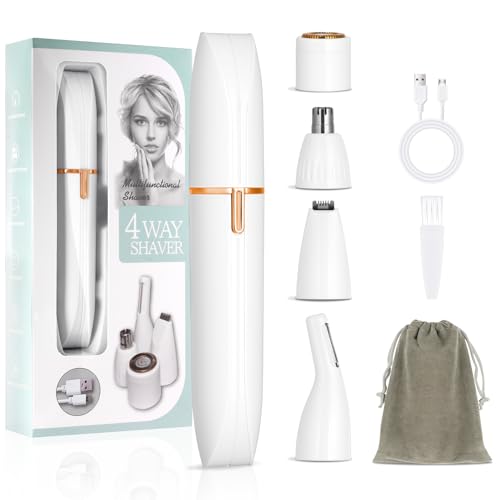 AOOWU Afeitadora Mujer, 4 en 1 Rasuradora Mujer Zona Intima, Recargable Kit Afeitadora Electrica, Portátil Afeitadora Electrica Mujer para Cuerpo, Zona del Bikini, Vello Facial, Nariz y Cejas, Blanco