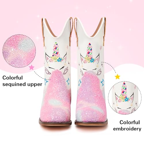 Julyrose Girls Cowgirl Boots Toddler Western Cowboy Boots - Glitter Square Toe Mid Calf Riding Shoes for Little Kids, Big Kids3