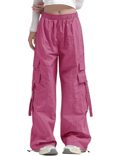 Image of Haloumoning Girls Parachute Pants Kids Wide Leg Cargo Pants Y2K Street Trousers with Pockets 5-14 Years