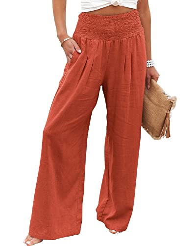 Women's Linen Palazzo Pants Wide Leg High Waist Pant Casual Lounge Pants Summer Beach Tousers with Pockets