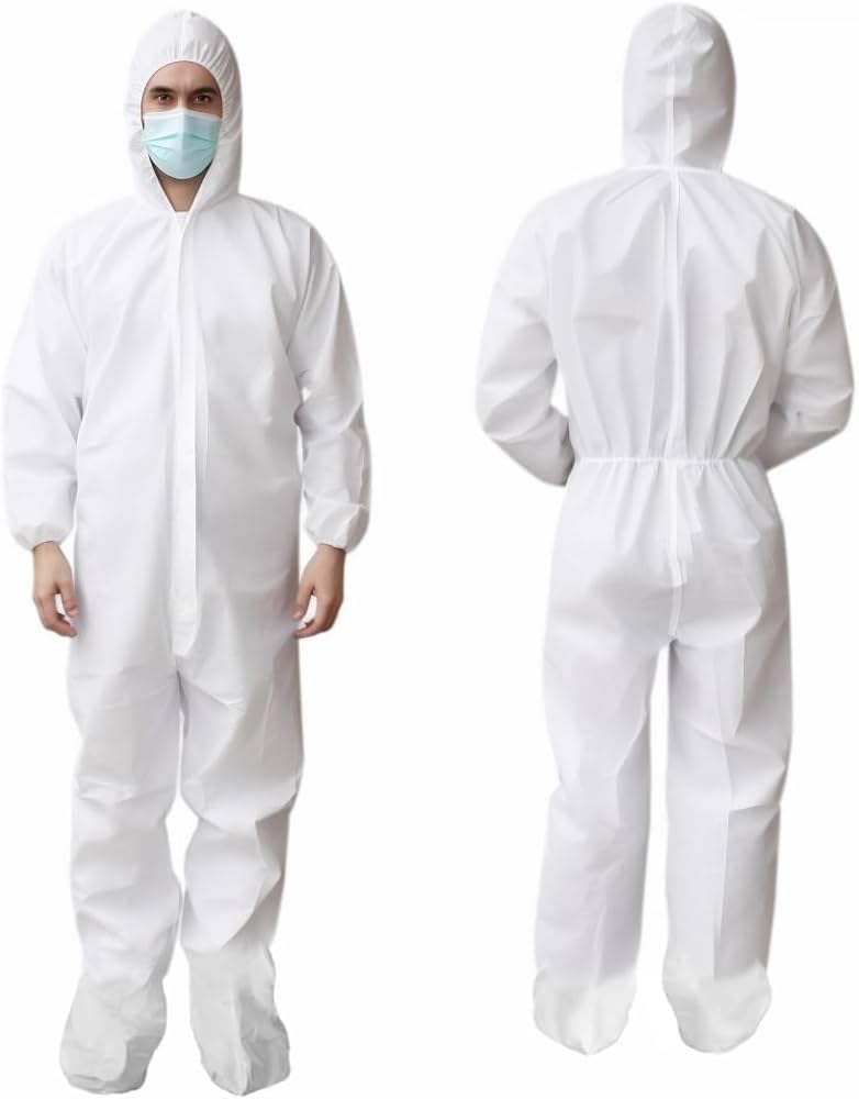 Supreme TTF Pack of 5 - Disposable Work Overall with Hood, Chemical Protection Type 5/6, Waterproof Coverall Suit, Industrial Safety Workwear, Men Women (L)