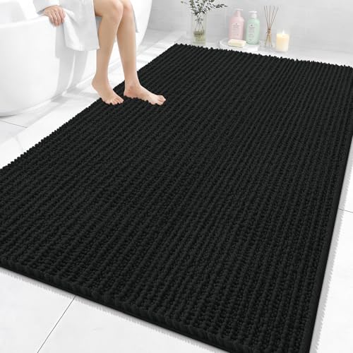 Image of OLANLY Bathroom Rug Mat 70x46, Thick Soft and Absorbent Chenille Bath Mat, Non-Slip Rubber Backing, Machine Washable Quick Dry Bath Rugs for Tub Shower Floor, Home Decor Accessories, Black