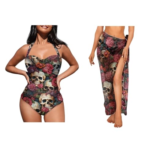 Women's One Piece Swimsuit with Matching Cover Ups Wrap Skirt Sarong Two Piece Bathing Suit Beachwear Plus Size 2XL