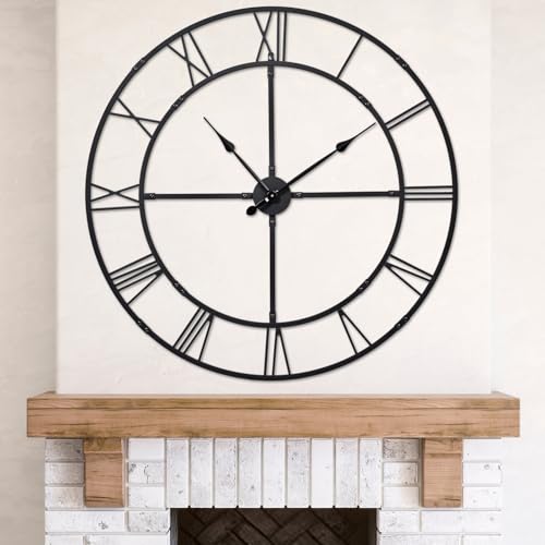 Ohweog Large Wall Clock for Living Room Decor – 32 Inch Silent Non-Ticking Modern Farmhouse Wall Clock, Oversized Decorative Metal Roman Numeral Clock, Black