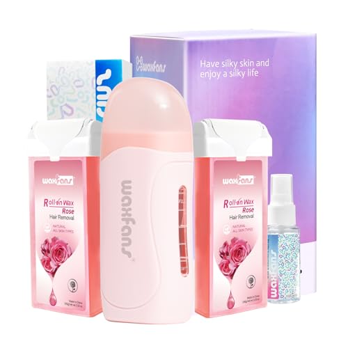 Image of Waxfans Roll on Wax Kit, Waxing Kit for Women and Men, Wax Roller Waxing Kit for All Skin Types, Roll on Waxing Kit for Hair Removal, Wax Cartridges & 50 Pcs Wax Strips (Rose)