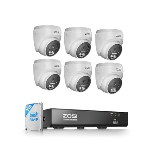ZOSI C220 4K 8MP 8CH POE NVR Security Camera System (16CH Expandable), 6 x 8MP PoE IP Dome Cameras Outdoor Indoor, AI Human/Vehicle/Face Detection, Two-Way Talk, 100ft IR Night Vision, 2TB H