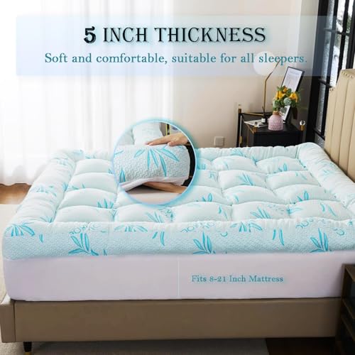Image of WhatsBedding 5 Inch King Mattress Topper Breathable Bamboo Viscose Air Layer,Memory Foam Mattress Topper King Size Blue.