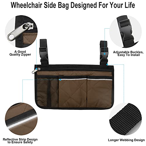 Wheelchair Side Organizer Storage Bag Armrest Pouch with Cup Holder and Reflective Strip, for Most Wheelchairs, Walkers or Rollators (Coffee)