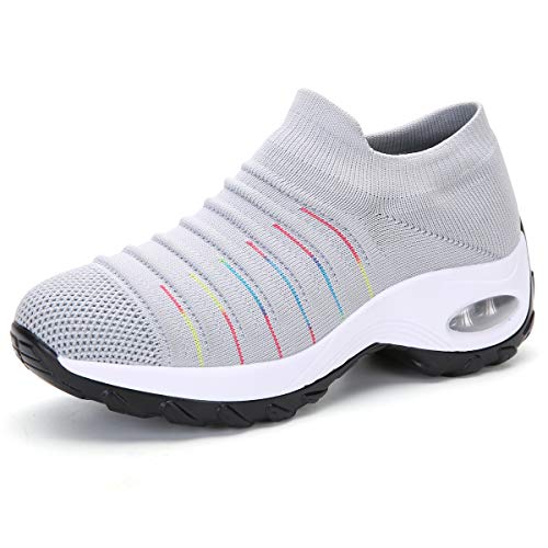 Gainsera Turnschuhe Damen Sportschuhe Laufschuhe Bequeme Air Wedge Schuhe Mesh Socken Slip On Outdoor Wanderschuhe,2089 Grey 40