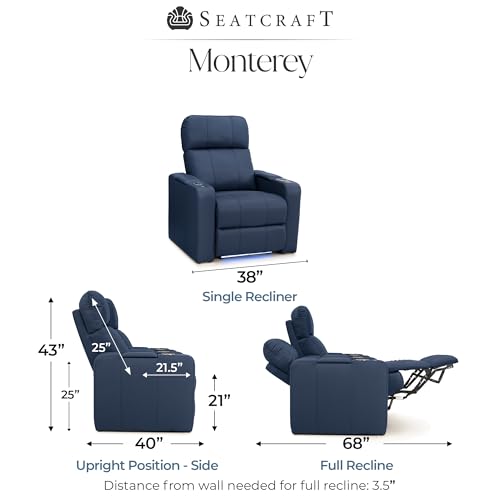 Image of Seatcraft Monterey Home Theater Seating Navy Blue Single Recliner | Italian Leather, Wall Hugger, Zero Gravity, Powered Headrest, Power Recline, Zero Gap, USB charging