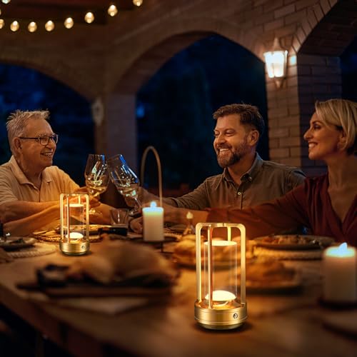 Image of Portable Table Lamp for Outdoor Indoor: Cordless Rechargeable Desk Lamp with 3 Color Stepless Dimmable - Metal Battery Operated Lantern Light for Bedroom /Bar /Coffee Shop /Camping (Gold (2 Pack))