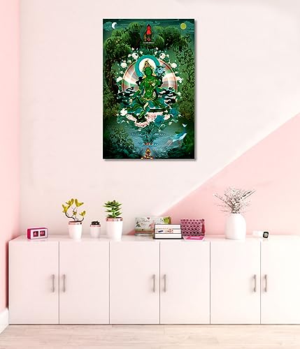 Image of Tamatina Thangka Canvas Painting|Tara Goddess On Pink Flower |Size-36X24 Inches.h379