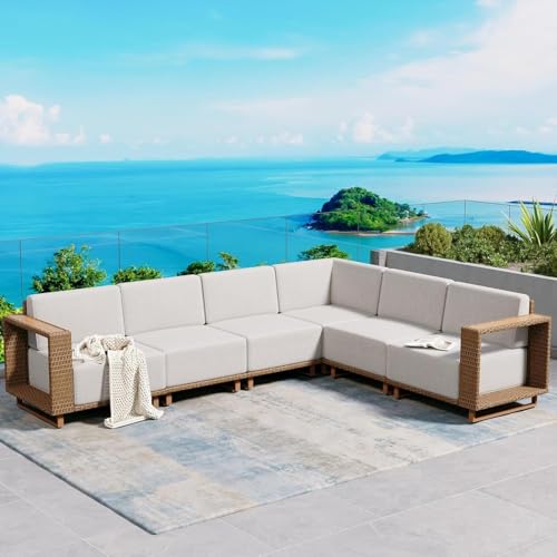 SUNSHINE VALLEY Patio Sectional Furniture, Outdoor Yellow Rattan Wicker Sofa