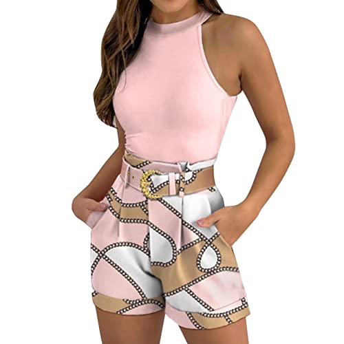 2026 Casual Fashion Slim Set Damen Shorts Set Ärmlosen Weste Top Shorts Zweiteiler Blumendruck Basic Tank Top & Shorts Set mit Gürtel Eigenschaften:, Rosa., L