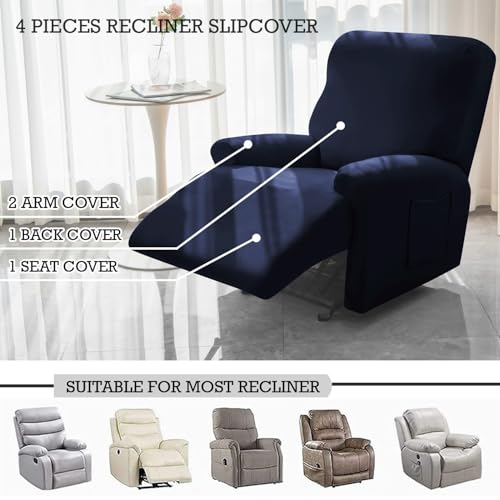Image of HOKIPO 'SereneSolids' 140 GSM 4-Pieces Elastic Stretchable Recliner Sofa Cover 1 Seater Fully Covered Soft Washable Sofa Slipcovers Furniture Protector, Navy Blue (AR-4740-NBLU)