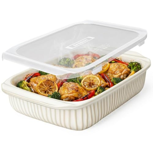 Artena Baking Dish 5.1 Quarts, Casserole Dishes For Oven, Baking Pan With Handles, Lasagna Pan Deep, Large Casserole Dish, Rectangular White Ceramic Bakeware (Baking Dish With Lids) White - 