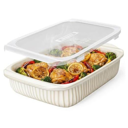 Artena Baking Dish 5.1 Quarts, Casserole Dishes For Oven, Baking Pan With Handles, Lasagna Pan Deep, Large Casserole Dish, Rectangular Ceramic Bakeware (White, With Lid)