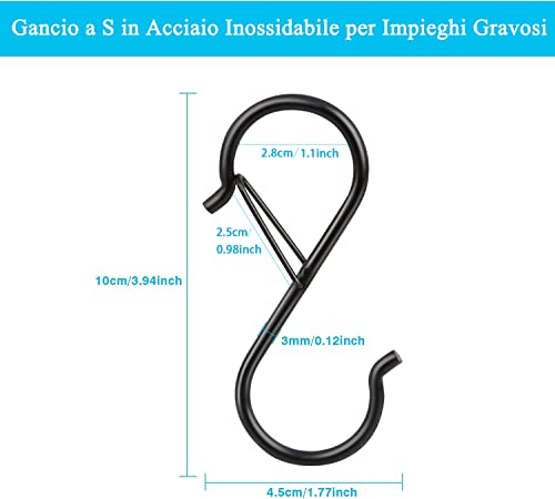 HQCM S Haken Edelstahl, 10 Stück S-förmige Haken Schwerlast Metall haken 3.5in/9CM Belastbar bis 20KG Schwarz Edelstahlhaken Anti-Rost Haken für Küche Badezimmer Schlafzimmer Draussen