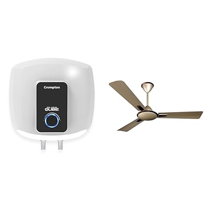 Crompton Solarium Qube 15LTR, 2KW,5 Star-Rated Storage Water Heater (White & Black) & Crompton Aura Prime Anti-Dust 48-Inch Ceiling Fan (Birken)