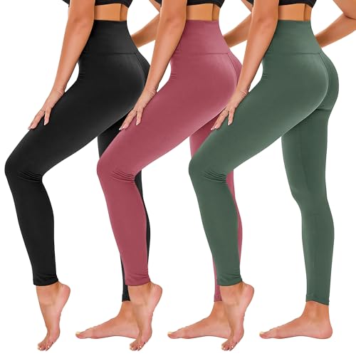 TNNZEET 3 Pack Leggings for Women - Black Tummy Control High Waisted Soft Yoga Pants for Workout Gym Running with Pockets