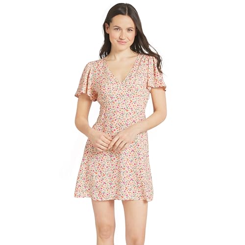 Billabong Womens Relaxed Fit Short Sleeve Casual Flattering V-Neck Mini Dress White Cap Small