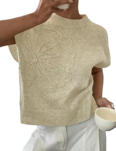 Image of Womens Casual Floral Flower Sweater Vest Crew Neck Sleeveless Summer Loose Ribbed Knit Pullover Tops