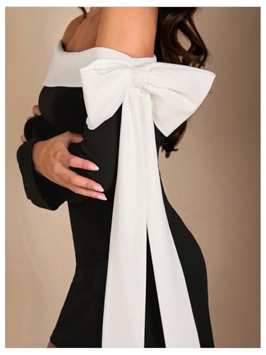 WDIRARA Women's Off Shoulder Bow Long Bell Sleeve Mini Dress Cocktail Party Dress4