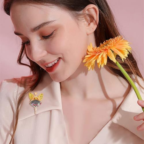 Image of Rhinestone Angel Ballerina Brooch Pin for Women Girls Fashion Crystal Gold Tone Cute Fairy Butterfly Ballet Dancer Brooches Lapel Pins Dainty Dress Accessories Birthday Christmas Jewelry Gift