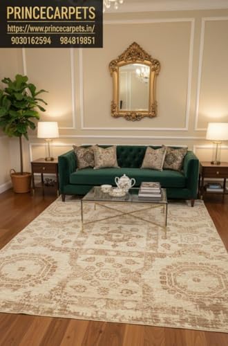 Image of 2x5 Feet (60x150 CM) Carpet for Bedroom Living Room & Hall - Green Gold Modern Abstract Geometric Silk-Touch Luxury Hotel-Style Washable Anti-Skid Turkish Area Rug