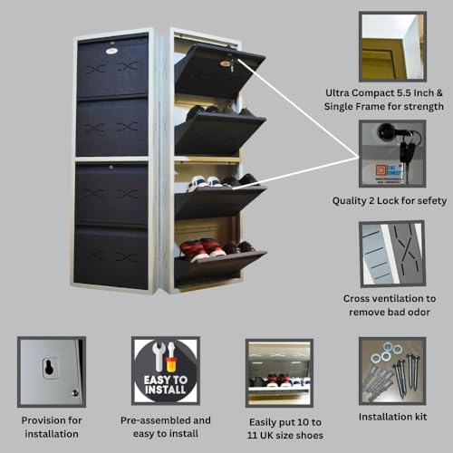 Image of I Metal Shoe Rack I Double Lock I Slim and Wall Mounted I 4 Shelves (Grey Colour) I Coad LC 2S-04 GR I Height 58 Inches, Width 20 Inches, Depth 5.5 Inches I 3 Years Warranty.