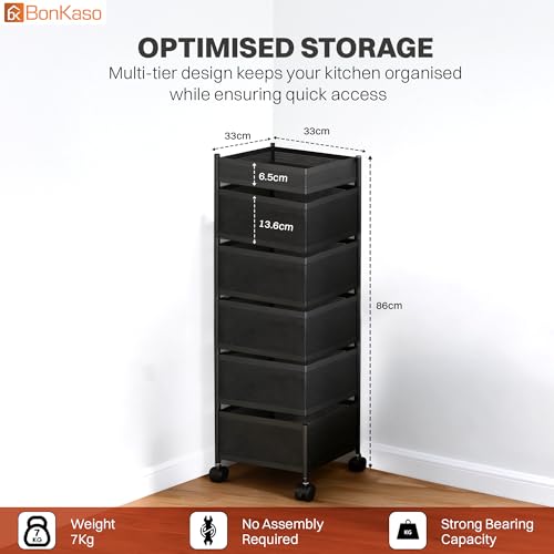 Image of BonKaso 6-Layer Square Multipurpose Kitchen Trolley with Swivel Storage Basket & 360 Rotating Wheels, Black Steel Frame, Easy Mobility, Space-Saving and Durable
