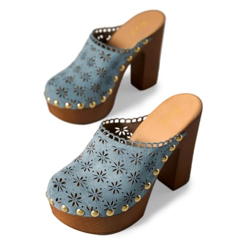 FOWT Women Studded Closed Round Toe Floral Cut Out Backless Platform Mules Chunky Super High Heel Slip on Stylish Dress Club Slide Sandals Size 4-16 US2