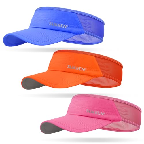 Sukeen 3 Pack Sports Sun Visor Men Women Lightweight Packable Cooling Stretchy Visor Hat for Running, Tennis, Golf