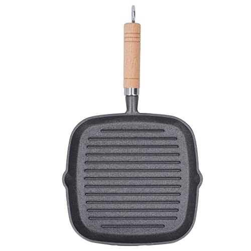 Wisecoco SartéN Cuadrada de Hierro Fundido, Multipropósito Evita Que se Pegue Cuadrado Sartén para Bistec de Hierro Fundido Parrilla Sartenes Antiadherentes con Mango de Grano de Madera, para Carnes