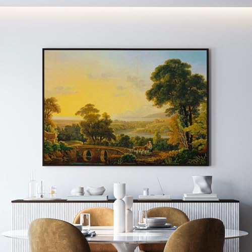 Image of ARTCREST Hilly Landscape with River and Bridge Painting on Canvas | Large Black Framed Scenic Wall Art for Living Room, Hallway Walls & Reception Areas | Elegant Landscape Canvas Decor (20x28 Inches)