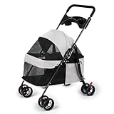 Foldable Pet Stroller for Small Medium Dogs Cats, Dog Pram with Brake and Adjustable Canopy, Large Storage Basket and Visible Mesh Window, Lightweight Pet Stroller for Outdoor Grey
