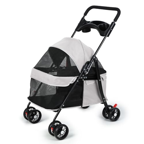 Foldable Pet Stroller for Small Medium Dogs Cats, Dog Pram with Brake and Adjustable Canopy, Large Storage Basket and Visible Mesh Window, Lightweight Pet Stroller for Outdoor Grey