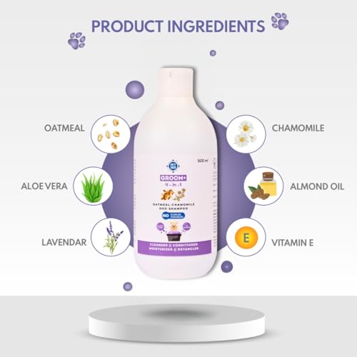 Image of PET360 Groom+ 4-In-1 Oatmeal Chamomile Dog Shampoo For All Coat Type | Detangle & Moisturize For Smooth & Itch-Free Hair With Aloevera | Sulphate & Parabens Free, 500 Milliliter