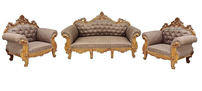 Image of Luxury Antique Sofa Set in a Classic Living Room Setting Solid Teak Wooden Five Seater Sofa Set with Cushion for Living Room | Honey Brown Finish | 208D x 76W x 119H cm (Design1)