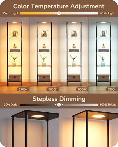 Image of EDISHINE RGBW 5-Tier Display Shelf Floor Lamp, 3 Modes Remote, Walnut | Adjustable Brightness & Color Temperature, 3 Modes, Remote Control, Modern Corner Lamp for Living Room, Bedroom, Study