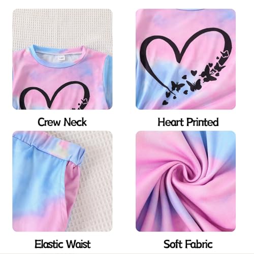Image of 7-14Y Tween Girl Clothes 2 Piece Short Sleeve Tie Dye Heart Print Top and Shorts Teen Girl Summer Outfits Short Set