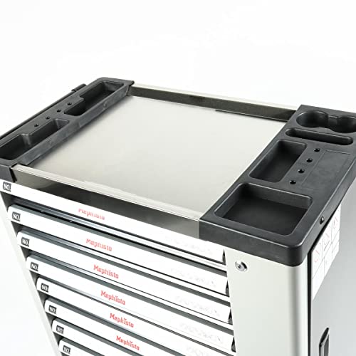 Mephisto Werkzeugwagen Werkstattwagen mit Edelstahlablage und 8 Schubladen 7 Davon mit Werkzeug wie Ratsche mit Nusskasten usw. in Soft Inlays in Carbonoptik befüllte Schubladen - 8