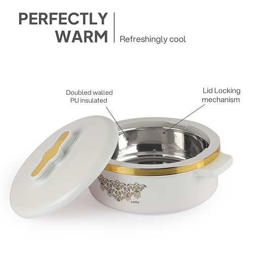 Image of CELLO Exotic 1000 Casserole Hot Pot Case for Daily Use 1000 ml, White | Double Wall PU Insulated Serving Hot & Warm Food Hot Pot Box | Stylish Airtight Kitchen Casserole Set for Roti Rice Biryani