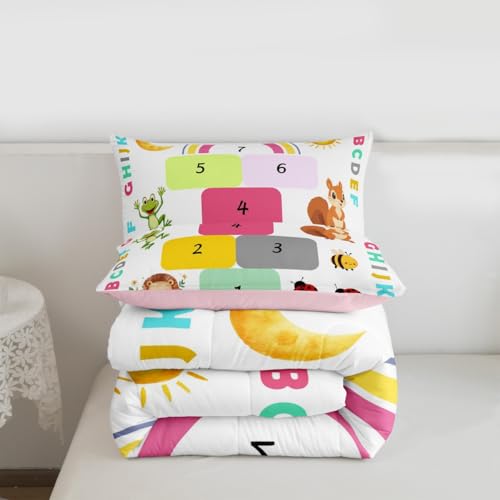 Image of Feelyou Kids Educational Comforter Set All Season Alphabet Bedding Set with 2 Pillow Cases Learning Alphabet Microfiber Kids Full Bedclothes Numbers Bedroom Decor Duvet Quilt Soft Lightweight